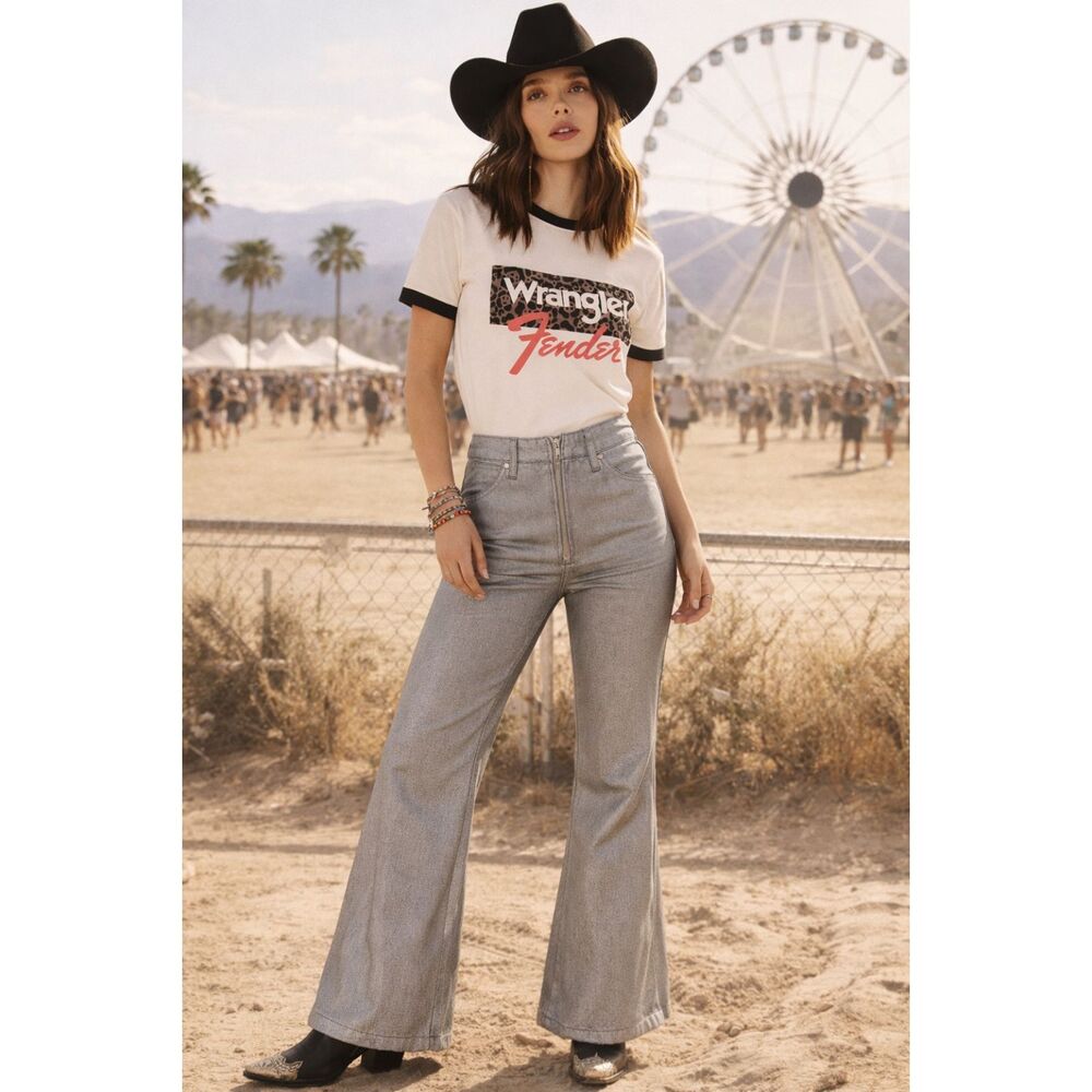 Wrangler x Fender Metallic Wanderer High Rise Flare Jeans NWT 25 Tall 34" Inseam